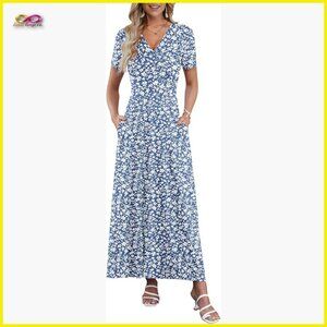 Maxi Dress Flowy Casual V-Neck Short Sleeve with Pockets Beach Vacation Wear